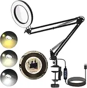 XZN 2-in-1 Magnifying Glass with Light and Clip Desk,5X Real Glass Lens, 3 Color Modes Stepless Dimmable, Magnifying Desk Lamp LED Desk Lamp, Table Lamp (Magnifying Glass Lamp)