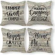 Sweet Camper Throw Pillow Case Set of 4, 18 x 18 Inch, Camping Gifts for Campers and Happy Campers