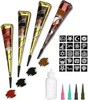 Tizoerly Temporary Tattoos Kit, 4Pcs Semi Permanent Tattoo Paste Cones, India Body DIY Art Painting for Women Men Kids, Freehand Plaste with 3 Colors, 20× Adhesive Stencil,1× Bottle,4× Nozzles