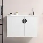 30" Bathroom Vanity with Sink,Wall Mounted Bathroom Vanity Cabinet Set with Side Left Open Storage Shelf,with White Ceramic Sink & 2 Doors Cabinet Bathroom Vanity Set for Small Space,White
