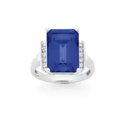 9ct White Gold Created Ceylon Sapphire & .10ct Diamond Ring in Blue