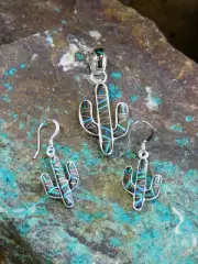 Saguaro Cactus 925 Blk Onyx Opal Multi Gem Stone Pendant & Earring 3pc set NEW