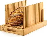 Bread Slicer for Homemade Bread - Bambüsi New Upgrade Bamboo Bread Cutter with Adjustable Width, Foldable Compact Slicing Guide and Crumb Tray - Bread Cutter for Loaf, Cake, Bagels (No Knife)