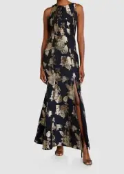 $440 Aidan Mattox Women's Blue Floral Metallic Keyhole Mermaid Gown Dress Size 2