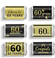 Tenare 90 Pcs 60th Birthday Candy Bar Wrappers Black and Gold Stickers Chocolate Decoration Label Mini Candy Label Stickers for Anniversary Birthday Party Supplies