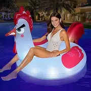 Junbig Inflatable Chicken Pool Float, 63" with Solar Powered RGB Lights, Adult Size, 2 Handles, Pool Floaty for Party Beach Water
