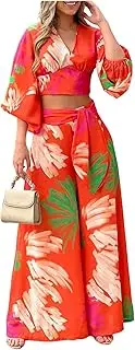 [Dawwoti] Womens Trousers Suits Print 2 Piece V-neck Shirt Wide Leg Pants Set Summer Vacation Airport Co Ord