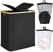 efluky Double Laundry Hamper with Lid, Divided Laundry Hamper with Removable Bags, 2 Section Dirty Clothes Basket with Handles for Bathroom, Bedroom & Laundry Room, 140L Light Grey (Black)