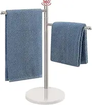 BathAce Hand Towel Holder, F-Shape Hand Towel Stand with Marble Base, Stainless Steel Swivel Hand Towel Rack Standing Towel Bar for Bathroom Kitchen Countertop, 2 Arms (Brushed Nickel)