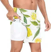 [GuoChe] Men's Swim Trunks Mens Lined Running Shorts Lovely Yellow Gold Lemon Tree Phone Pocket Beach Bathing Suits Quick Dry