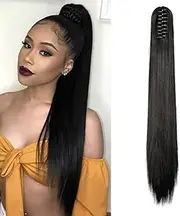 Braid Hairpiece Ponytail Hair Extensions Straight Clip in Ponytail Extensions Claw Like Real Hair Straight Hair Synthetic Hair Long Voluminous (Black)