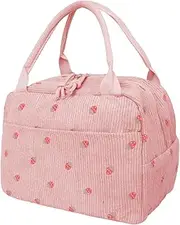 HonorHut Insulated Lunch Bag for Kids & Adult Reusable Corduroy Leakproof Lunch Box Tote Bag Cooler with Large Capacity & Cute Stuff Picnic School Work Office(Pink Strawberry)