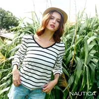 在飛比找momo購物網優惠-【NAUTICA】女裝 經典V領撞色條紋長袖T恤(白)