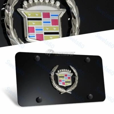 Cadillac Classic 3D Front License Plate Frame Black Stainless Steel with Caps