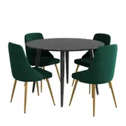 5 Piece Round Black Dining Table and Green Velvet Chair Set