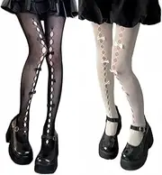 [AKAMAS] 2 Pairs of Women's Fishnet Stockings with Bow Tie, High Waist Fishnets Tights, Hold-Up Stockings, Knee Stockings, Lolita Openwork Stockings with Bows, Sexy Tights Black White