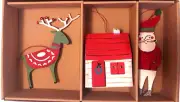 Jenny Bowers For Crate & Barrel 3 Ornaments Santa Reindeer House 3D NIB 2014