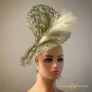 Aimee Fuller Kentucky Derby Olive Pine Green Tan Plume Fascinator Hat Ascot Race