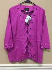 BOB MACKIE Cotton Scalloped Eyelet Pink Jacket Cardigan Tie Front Size M NWT