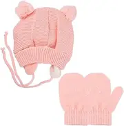 [TEMPNAP] 1Set Warm Knit Hat with Pompom and Gloves Cozy Ear Flap Beanie Hat for Newborns Accessories Pink