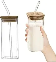 2PCS Clear Glass Cups with Lids and Straws, 400ml Square Drinking Glasses, Portable Iced Coffee Glasses for Iced Coffee Juice Beverage and More
