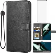 Compatible with OnePlus 11 5G Wallet Case Tempered Glass Screen Protector Cover Card Holder Stand Cell Accessories Phone Cases for One Plus11 1 Plus 1plus11 One+ 1+ Women Men Black