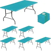LUSHVIDA 6 Packs Vinyl Tablecloths with Flannel Backing 96x30 inch - Waterproof Plastic Table Covers for 8 Foot Rectangle Folding Table Cloths with Elastic Edges, Teal