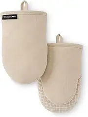 [KitchenAid] Gourmet Series Gridlines Mini Oven Mitts 2-Pack Set, Heat Resistant up to 600°F, Soft Silicone Grip, Magnetic Cuff, Milkshake Tan, 5.5"x9"