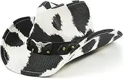 FLUFFY SENSE. Cow Print Cowboy Hat for Women Funny Cowgirl Hat Straw Western Hat Bachelorette Party Hat for Teens and Adults