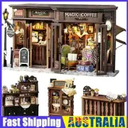 DIY Vintage Magics Coffee House Dollhouse Miniature Kit with Dust Cover&LED NEW