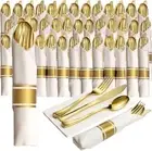 100 Pre Rolled Gold Plastic Silverware - 400pc Set, Service for 100 - Wrapped...