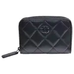 【CHANEL 香奈兒】經典黑色雙C LOGO菱格紋小羊皮拉鍊零錢包(黑色AP0216L-BLK-BLK)