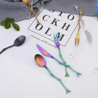 在飛比找ETMall東森購物網優惠-日式不銹鋼創意可愛水果叉勺復古樹枝造型甜品刀叉勺套裝拍攝道具