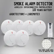 6 Pack Smoke Alarm Wireless Interconnected Photoelectric Detector 10 Year+Remote