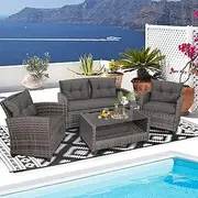 Costway 4 PCS Patio Wicker Furniture Set, Outdoor Conversation Rattan Sofa Chair Set with Padded Cushion & Tempered Glass Coffee Table, Wicker Sectional Sofa & Table for Courtyard Balcony Garden, Grey