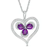 Pear-Shaped Amethyst and Lab-Created White Sapphire Clover in Heart Pendant in Sterling Silver