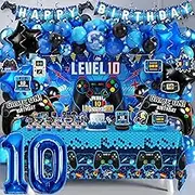 Video Game Birthday Decorations, 10th Birthday Decorations for Boys, Level 10 Party Supplies with Blue Black Balloon Arch Kit Backdrop Banner Tablecloth Honeycomb Hanging Swirls Gamer 10 Foil Balloons
