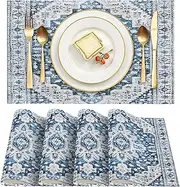 ZSYTZL Placemats Set of 4 Washable Durable Table Placemats for Dining Table Mat,Boho Pattern Kitchen Table Mats Heat-Resistant Decor Place Mats for Dining Tables Home Party Indoor-White Blue
