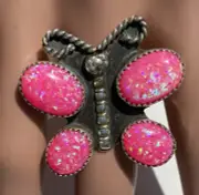 8.5 M&S TURQUOISE NATIVE AMERICAN STERLING PINK LAB CREATED OPAL BUTTERFLY RING