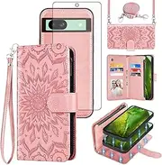 [Asuwish] Phone Case for Google Pixel 8A Zipper Wallet Magnetic Detachable Cell Cover with Screen Protector Crossbody Lanyard Strap Flower Flip Card Holder Slot Pixel8A A8 5G Women Men Rose Gold