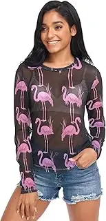 [RPLIFE] Pink Flamingos Black Womens Mesh Sleeve Top, Transparent Top S-XXL