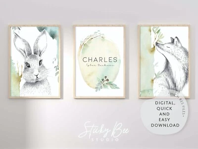 Baby nursery wall art prints, Woodland animals, Personalised nursery decor