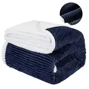 Striped Sherpa Fleece Bed Blanket Queen Queen(90x90 Inches) Striped Navy Blue
