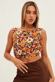 Print Crop Top Linen Blend - Size 14, Women's Crop Top