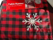 Red & Black Buffalo Check Table Runner Silver Snowflake Design 13in X 70in Decor