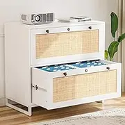 VINGLI White & Natural Rattan 2 Drawer Lateral File Cabinet with Lock, Wood Locking File Cabinets for Home Office, File Cabinet Printer Stand for Hanging Letter/Legal Size Folders, 30W x 16D x 28H