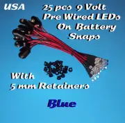 25 PRE WIRED 5MM LEDs 9 VOLT BLUE LED ON BATTERY SNAP 9V PREWIRED (Halloween)