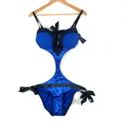 Playboy Magik Bodysuit Size 14D/DD Black Blue Satin Bow Underwire Backless New