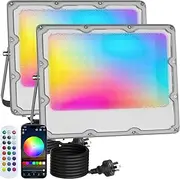 MEEKBOS 2-Pack RGB LED Flood Lights Outdoor,Color Changing Flood Lights,50W (400W Equivalent),5000LM, Works with Bluetooth App or 2.4G Remote,IP66 Waterproof,16 Million Colors, Timing, Music Sync