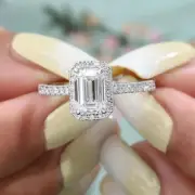 2.50 Ct Emerald-Cut Moissanite Halo Engagement Ring 14k White Gold Plated